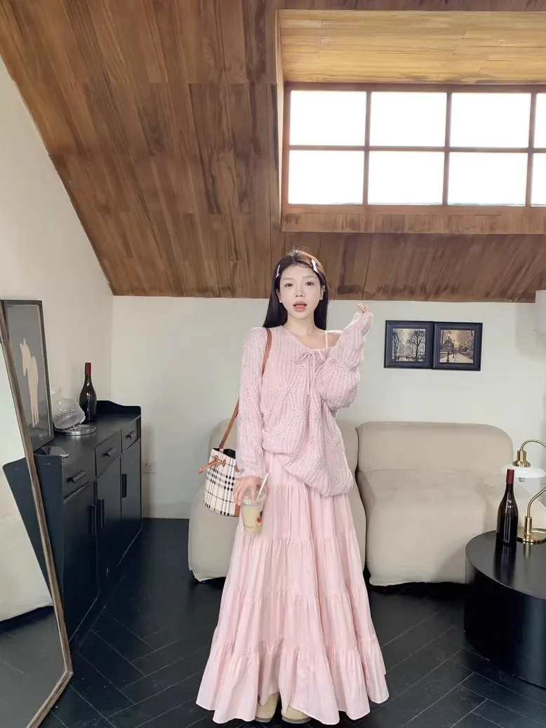 

Soft Style Pink Loose Long Sleeve Sweater Women's High Waist Draped Skirt Two-Piece Set Spring Season Casual Wear