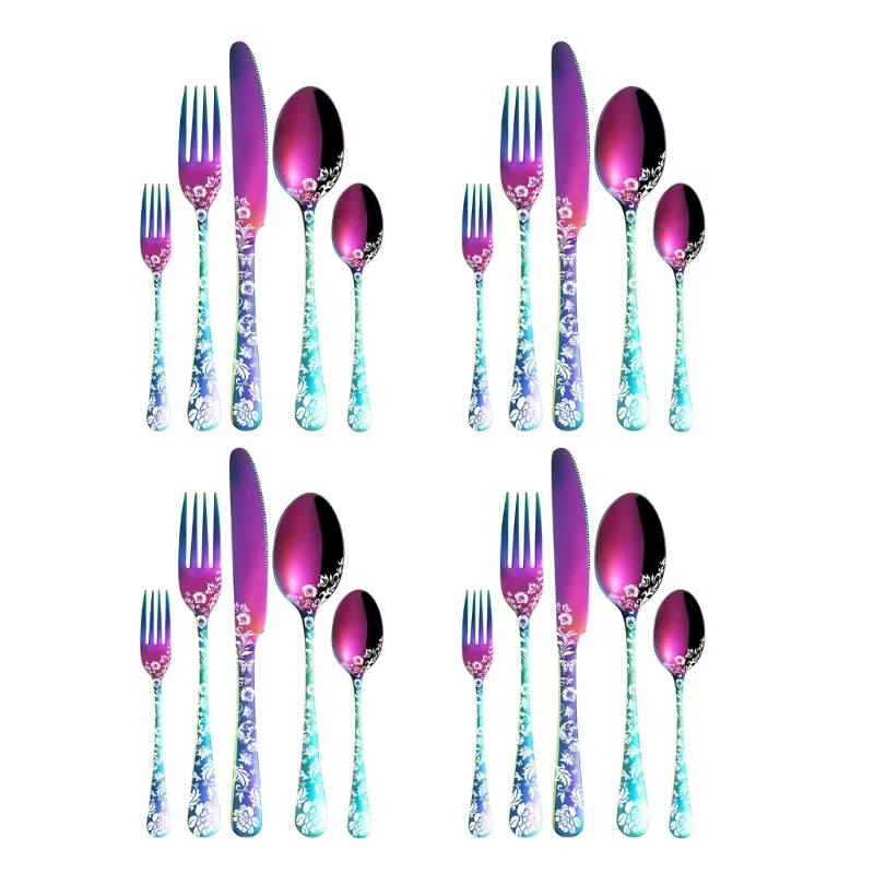 C63E 20 Pcs Unique Floral Silverware Flatware Cutlery Set Stainless Steel Utensils Include Knife Fork Spoon Dishwasher Safe