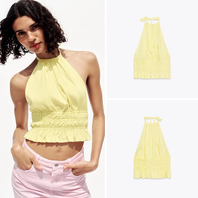 

Fashionable Summer New Women's Clothing Hanging Neck Collar Backless Top Ethnic Stage Costume for Women Aged 25-35 Years