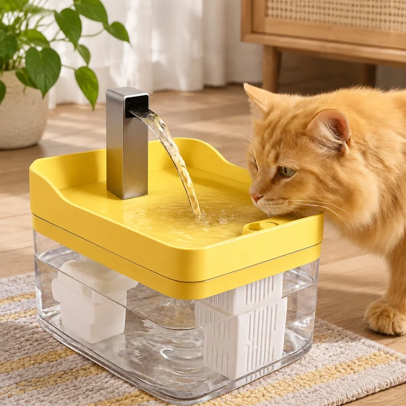 Fontaine à eau claire pour chats avec filtre autonettoyant, pompe de circulation et sécurité contre la surchauffe