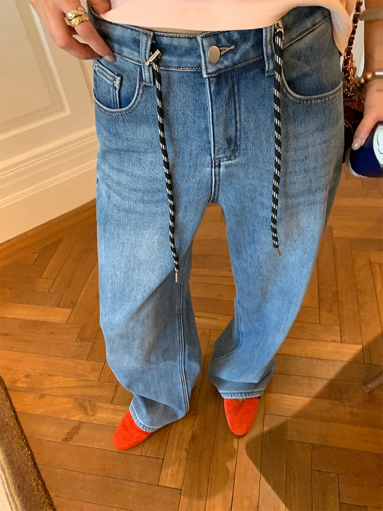 

Женские зимние широкие джинсы с высокой талией на подкладке, новинка 2025, брюки с поясом небольшого размера, синие