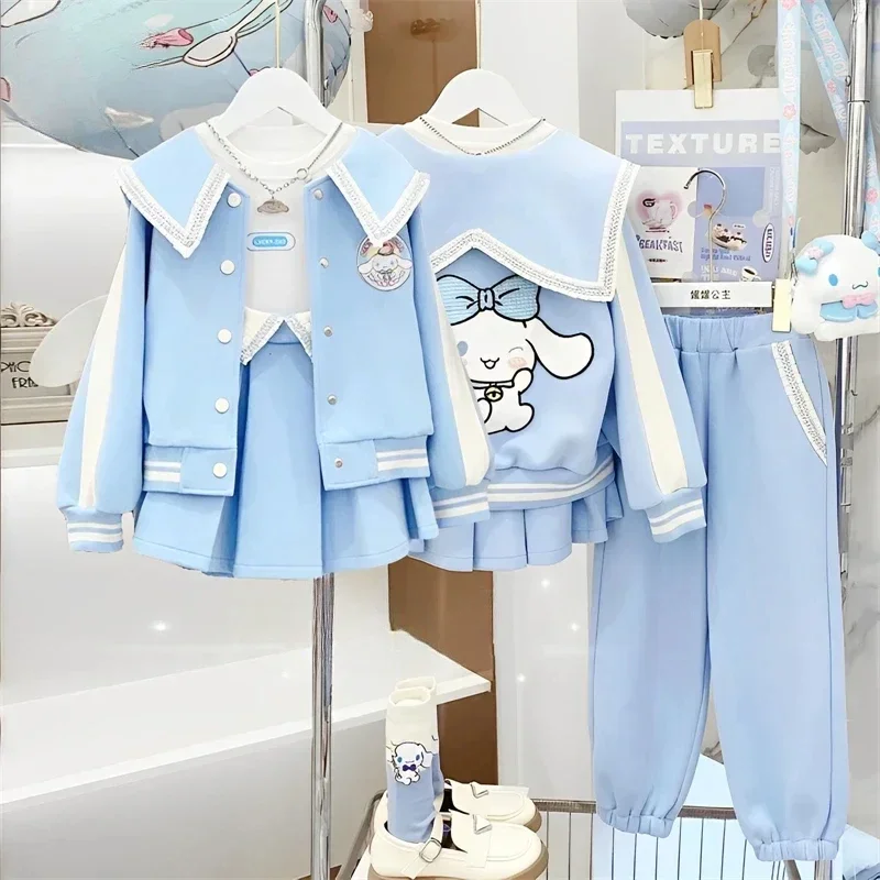 

Милый костюм Sanrio Cinnamoroll из свитшота, детская бейсбольная форма с мультяшным рисунком, куртка, плиссированная юбка, брюки, Осенний трендовый костюм