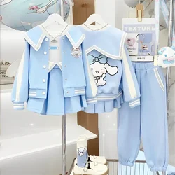 Kawaii Sanrio Cinnamoroll Sweatshirt Set Cute Cartoon Children Baseball Uniform Jacket Pleated Skirt Trousers Autumn Trend Suit