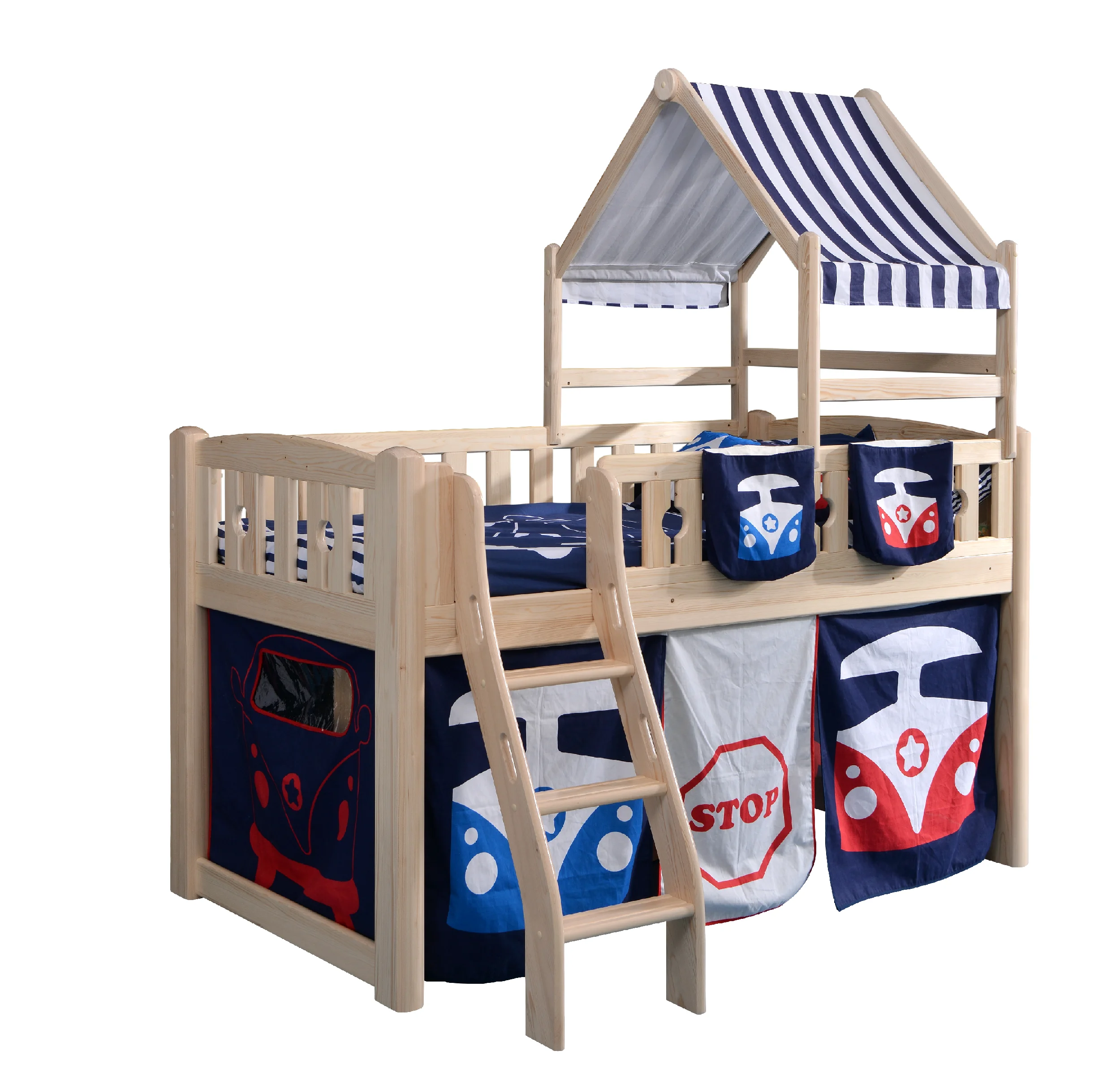 

New design Loft bed kids bedroom set with wood interesting tent with under space to play or storage and with climbing ladder