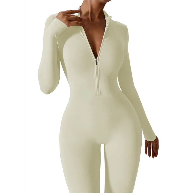 

ASDS-Women Long Sleeve Workout Jumpsuit Zip Up Romper Bottom Pants Bodysuit Bodycon