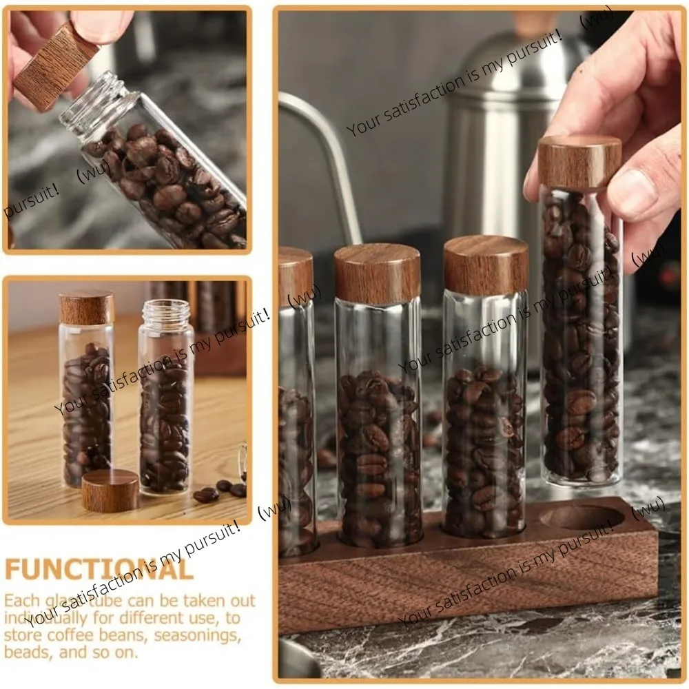 1 set of sealed glass coffee bean storage tubes with wooden rack, compact design to keep coffee beans and spices fresh