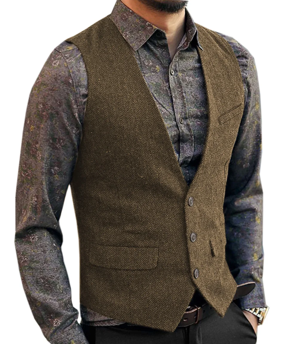 

Men's V-Neck Suit Vests Fashion Formal Slim Fit Business Steampunk Herringbone Dress Waistcoat Suit Male for Wedding Party