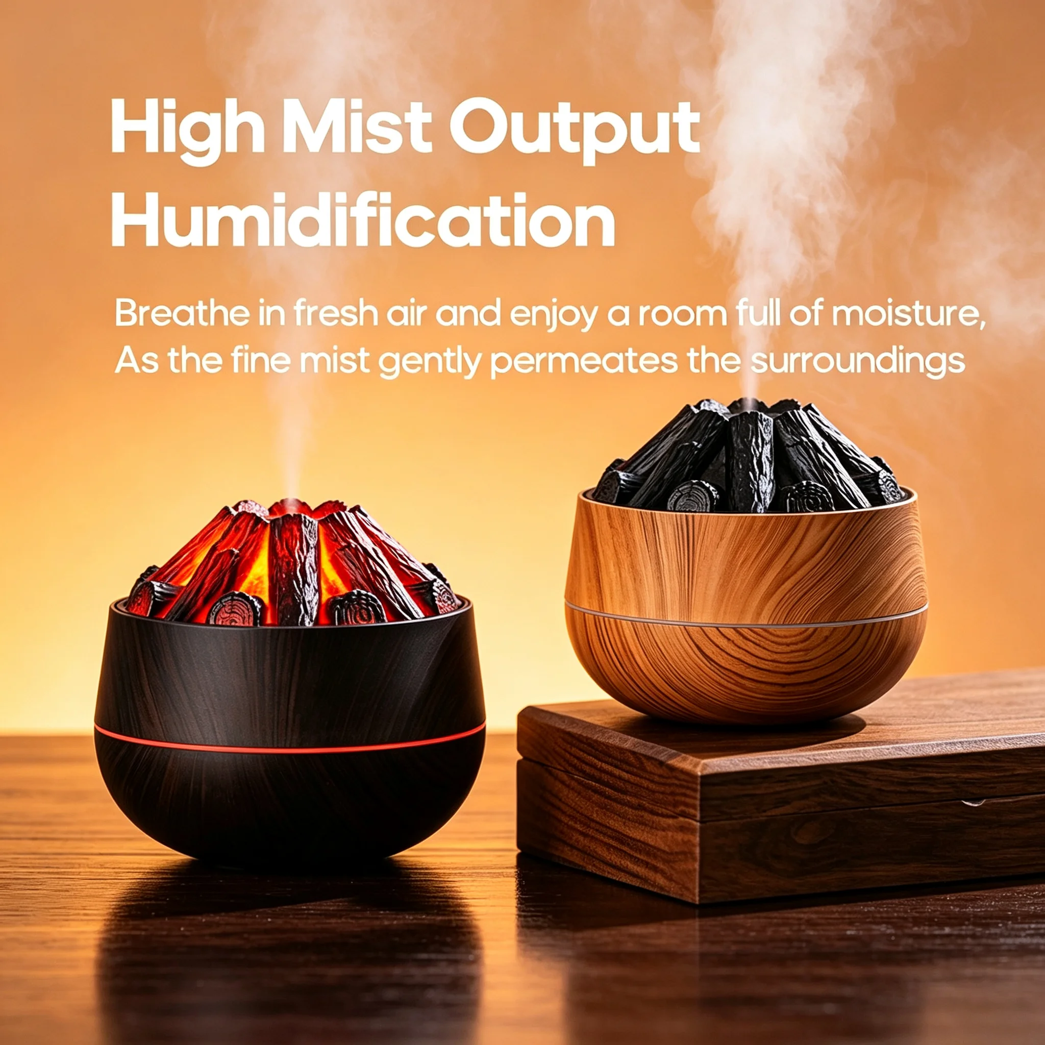 Ultrasonic Air Humidifier Simulated Charcoal Fire LED Flame Light Wood Grain Desktop Cool Mist Humidifier Essential Oil Diffuser