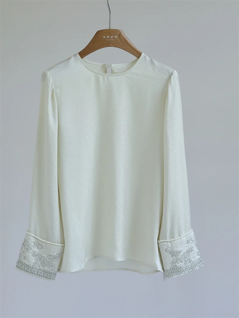 

Gold Tead Embroidery Silk Pearl Button New Chinese Sle Women's round Ne Long Sve Simple Match All irt White D5272