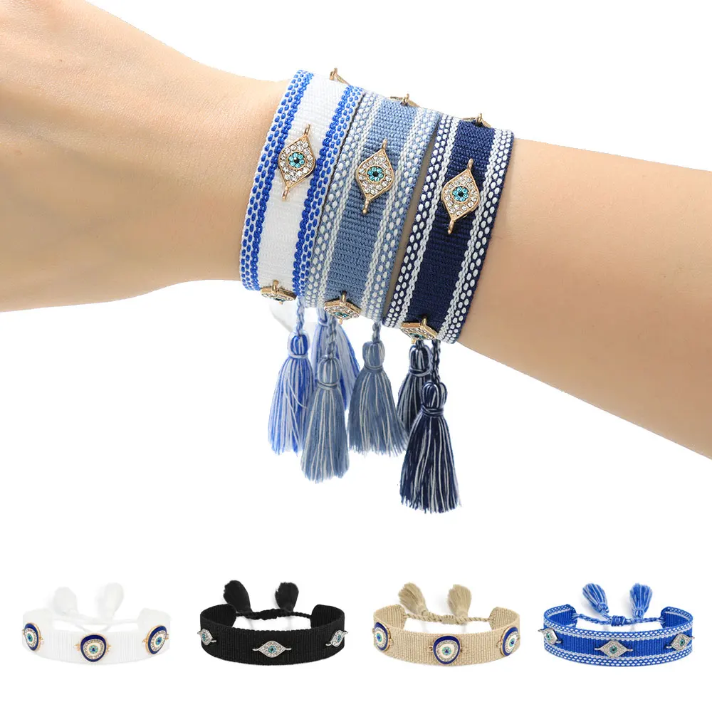 New fashion blue and white woven bracelet with tassels and evil eyes for women