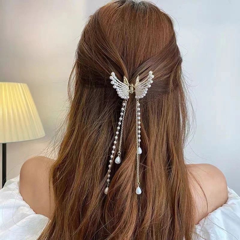 Pinza de pelo con borla de mariposa y Perla para mujer, garra de pelo elegante, horquilla de cangrejo, accesorio para el cabello