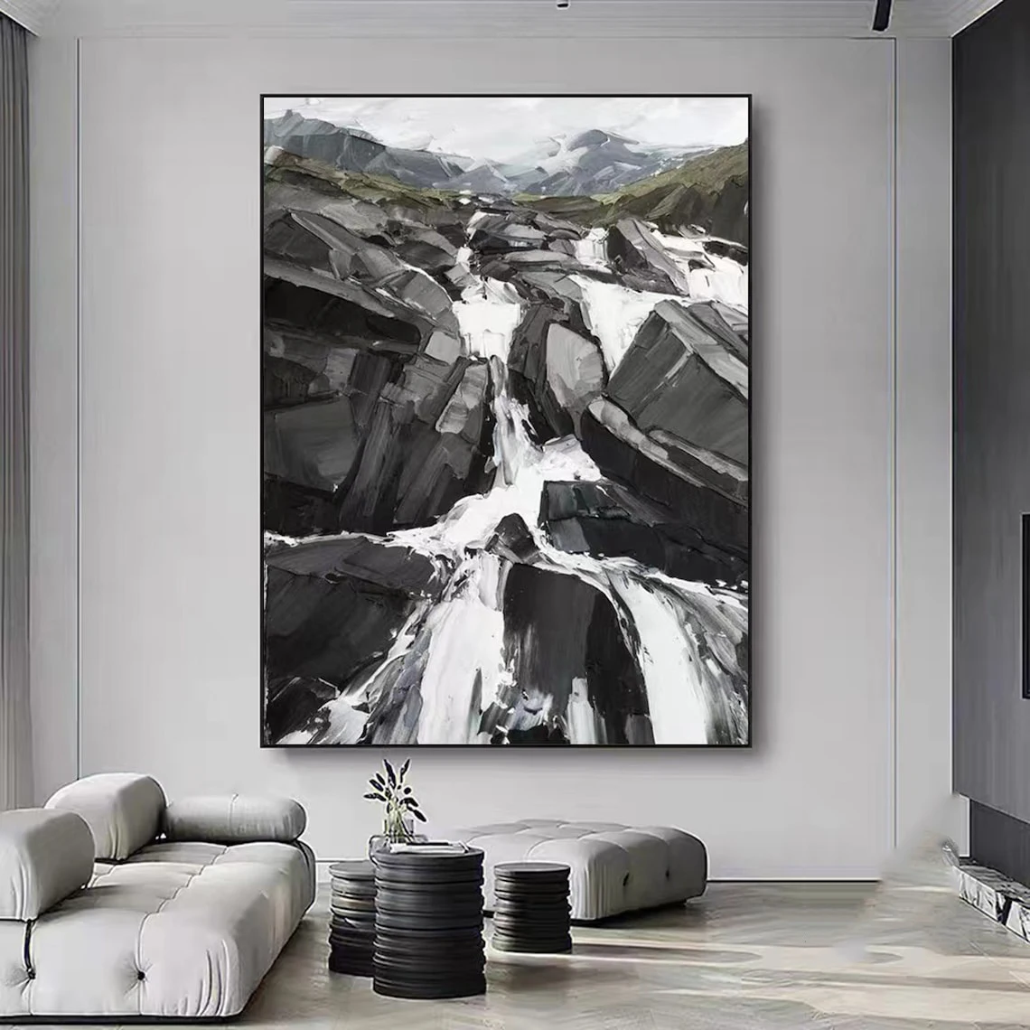 Black And White Abstract Home Art White Textured Black White Landscape Hand Painted Oil Painting White Mountain Stream Canvas