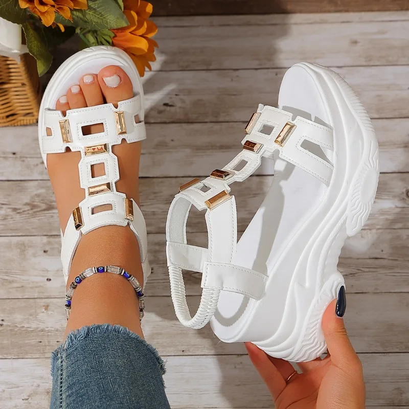 Summer New Thick Bottom Slope Heel Women's Sandals Fashion Hollow Metal Decor Comfort Casual Women Shoes Босоножки Женские