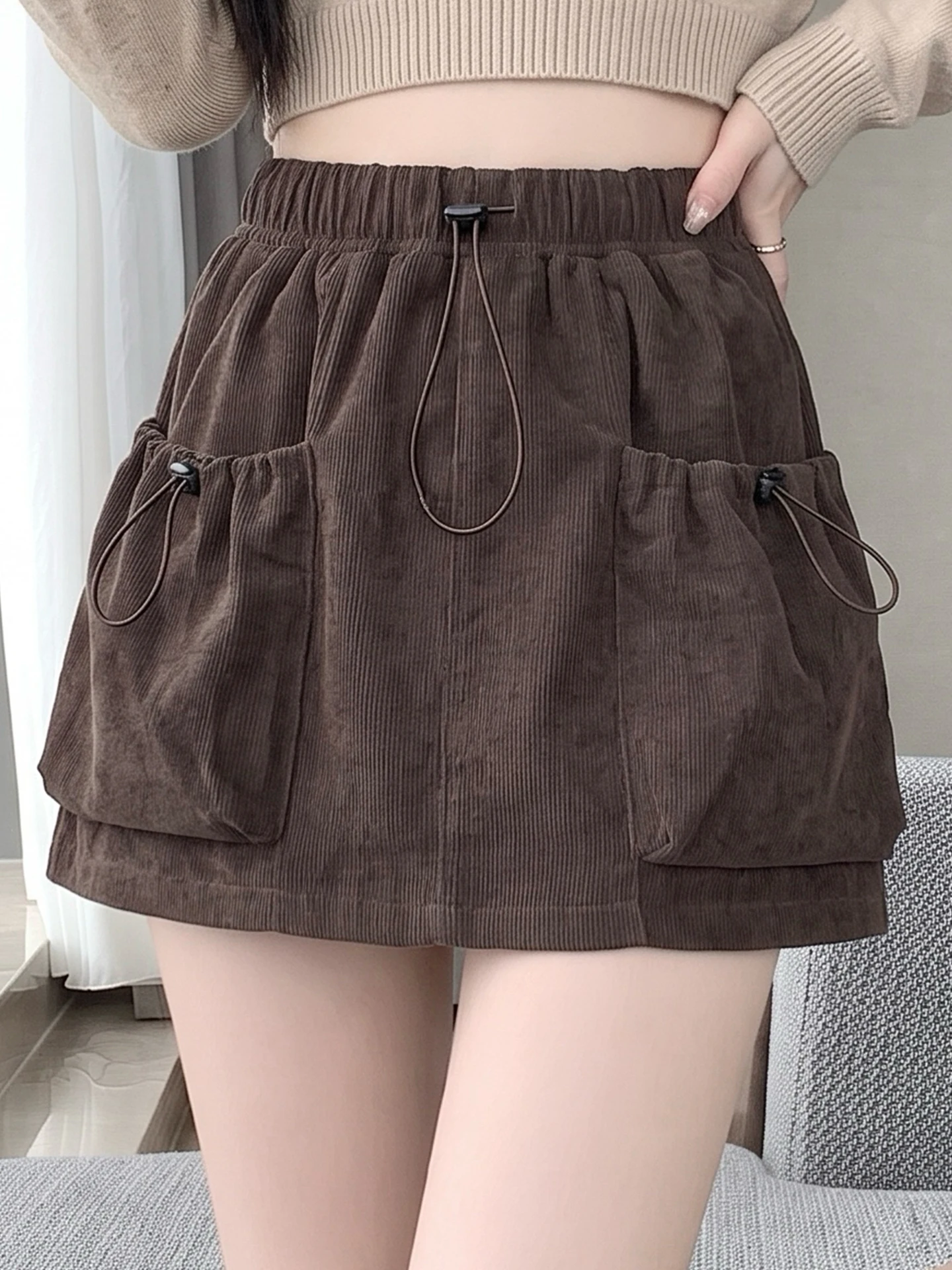 Corduroy A-Line  Skirt Women's High Waist Drawstring Loose Drapey Workwear Style Commute Korean Version Inner Lined Skirt