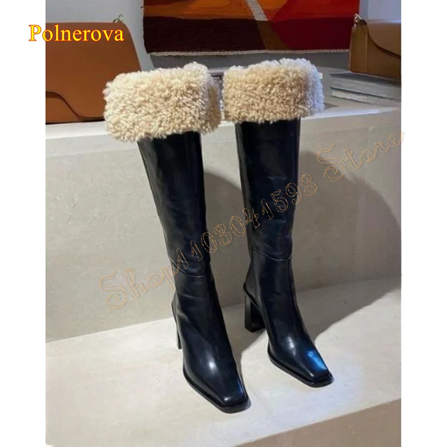 

Winter Lambskin Leather High Heel Boots,Fashion Flat Toe Thick Heel Knee High Boots Women Boots 2023 New Zapatos Para Mujere