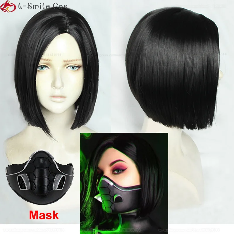 Wig Cosplay Game Valorant Viper Wig Cosplay Hitam Lurus Pendek Rambut Sintetis Tahan Panas Permainan Peran Halloween + Topi Wig