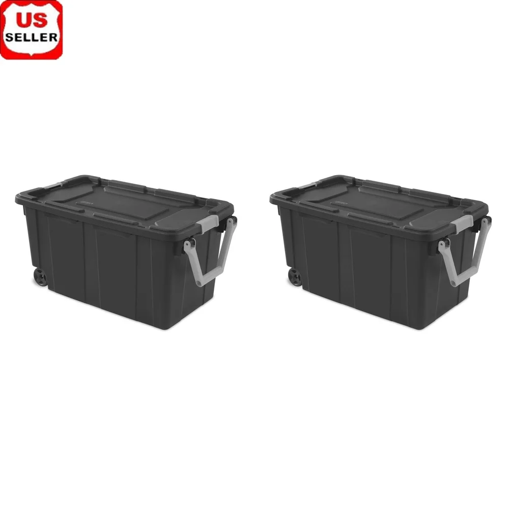 

Extra Large 40 Gallon Wheeled Storage Bin Durable Plastic Container with Handle Ideal Garage Camping Tools Pack of 2
