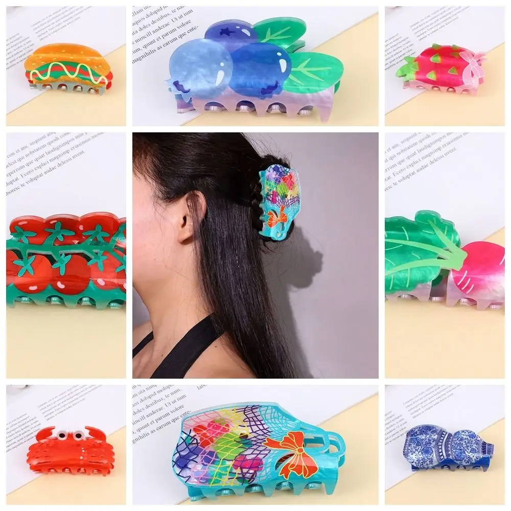 Personalized Acrylic Flower Hair Claw Tomato Grape Fruit Hair Clip Geometry Hamburg Simulated Food Shark Clip Streetwear