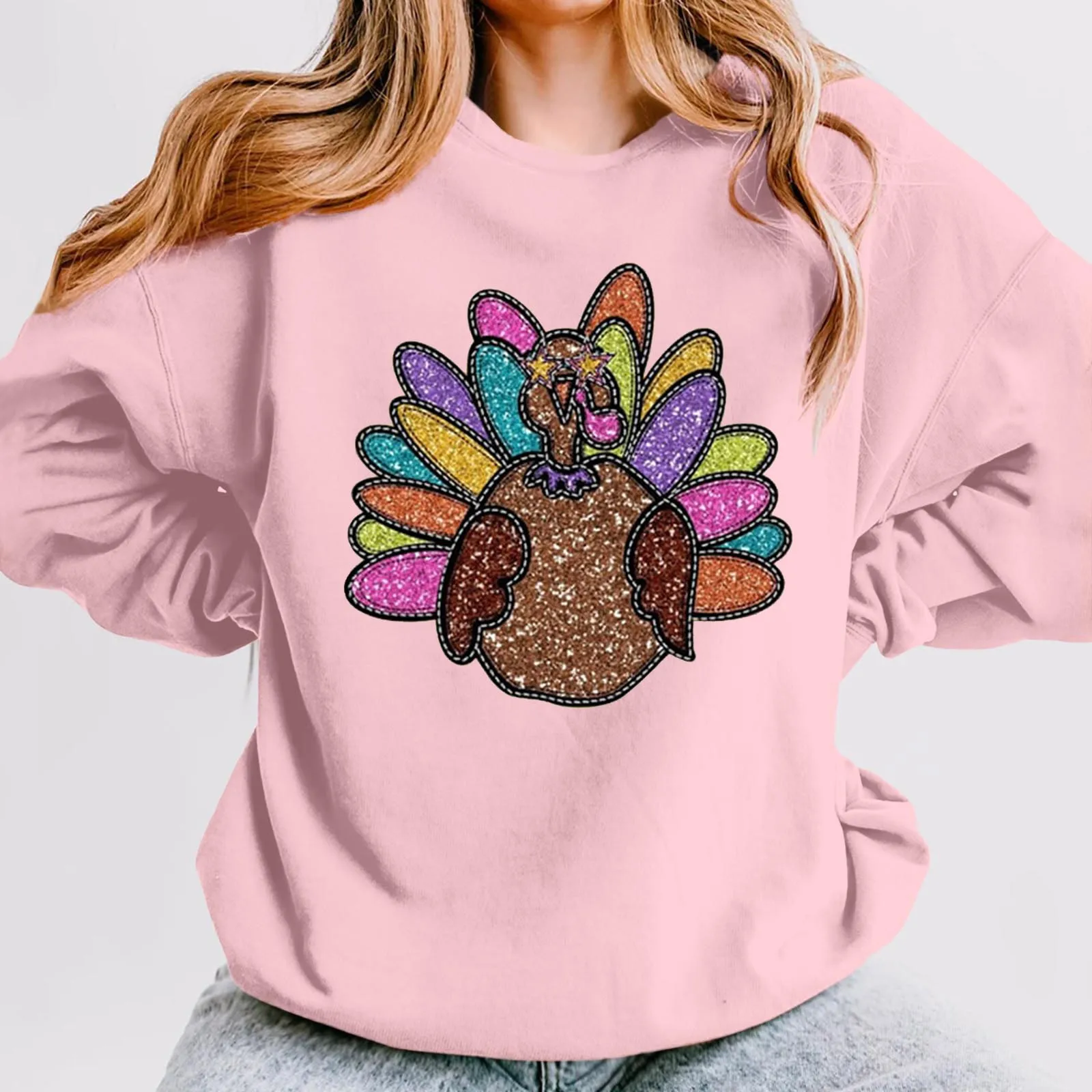 Thanksgiving Day Funny Turkey Sunglasses Printed Sweatshirt Ladies Shiny Loose Fit Casual Hoodies Fashion Crew Neck Pullover