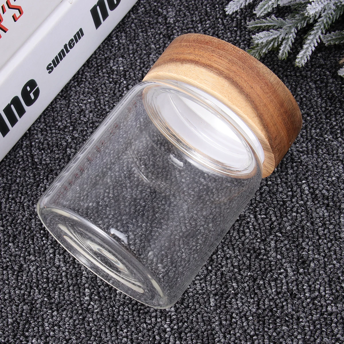 

1Pcs Glass Storage Container Round Transparent Jar Wood Lid Airtight Leak Proof Kitchen Food Organizer
