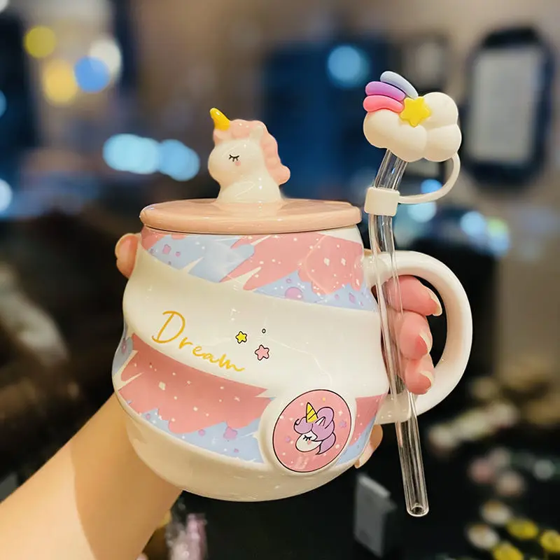 400ml Cute Unicorn Ceramic Cup Ins High Beauty Coffee Mug with Spoon Straw Box Dust Plug Small Summer Couple Water Cups Gift