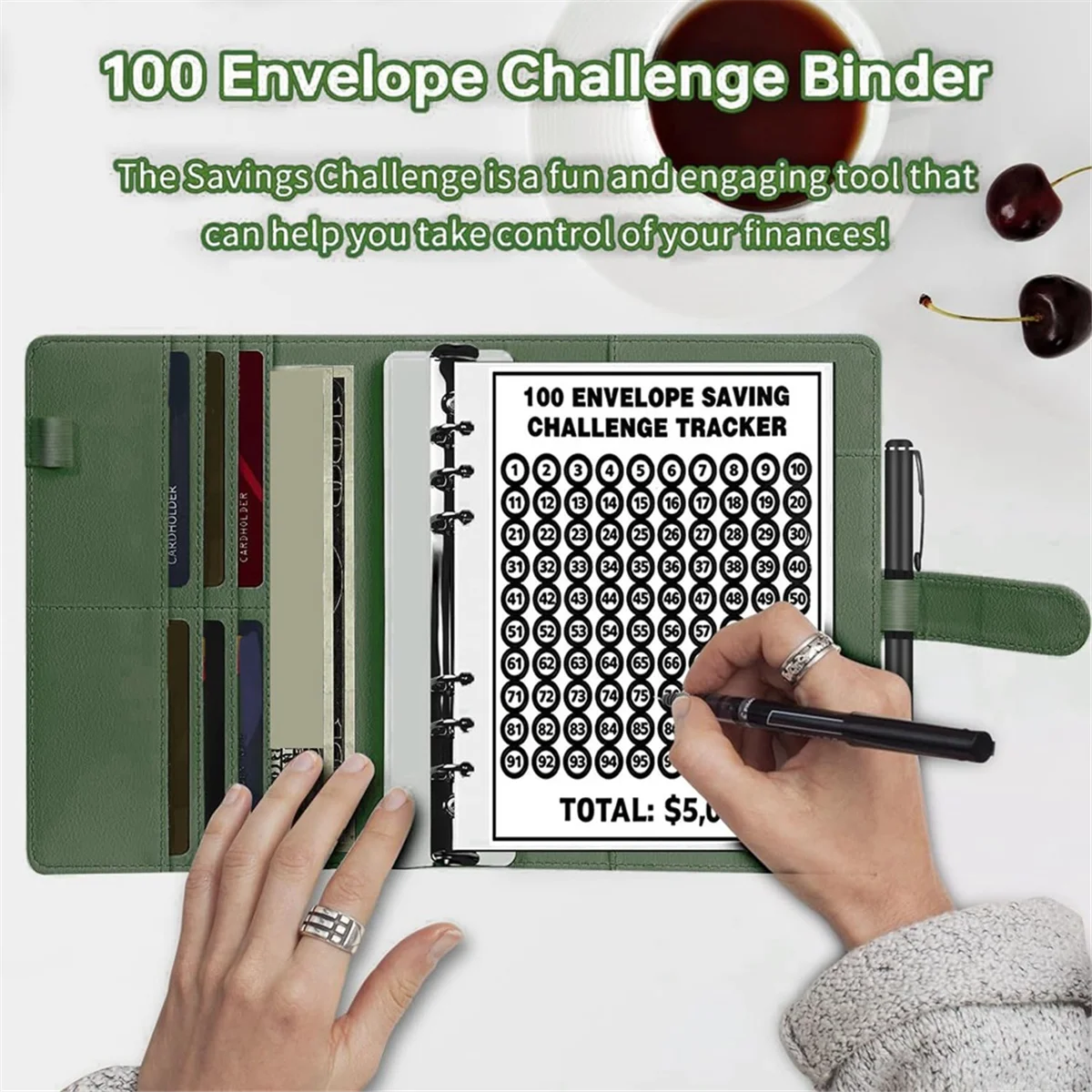 Envelope Money Saving Envelope Binder, A5 Money Saving Budget Binder, Economize 5.050 com o desafio de poupar dinheiro, verde, 100
