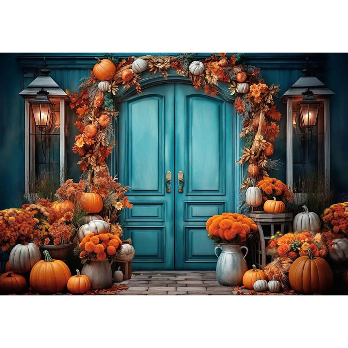 Allenjoy Blue Autumn Pumpkin Door Backdrop