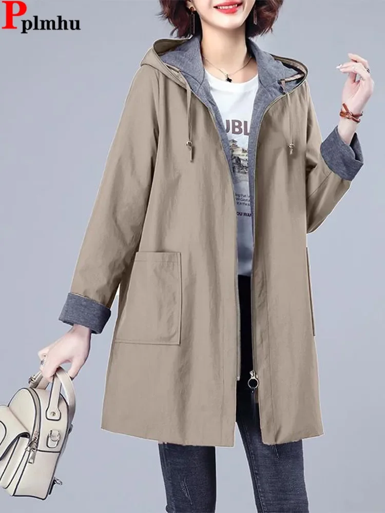 Hooded Loose Korea Gabardina Mid Length Big Size 7xl Trench Coats Casual Windbreaker Cargo Jackets New Women Fashion Abrigos