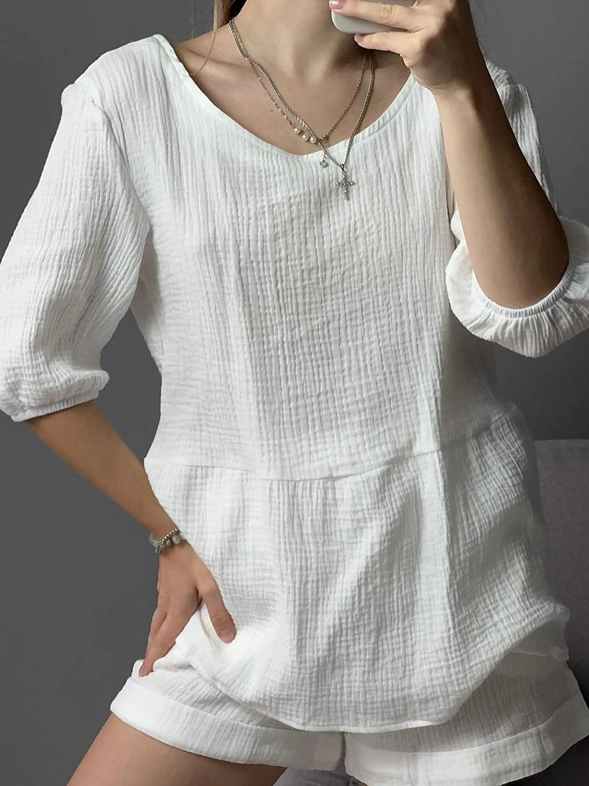 Marthaqiqi Cotton Ladies Home Clothes Sexy V-Neck Sleepwear Three Quarter Sleeve Nightgowns Shorts Casual Female Nightwear Suits