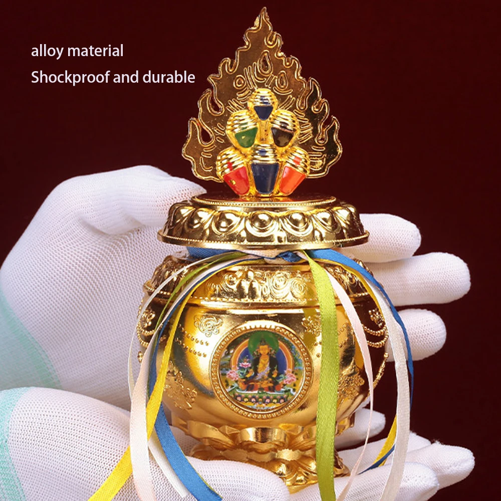 Tibetan Buddhism Mani Treasure bottle, Eight Auspicious alloy Treasure Bottle containing gems, Home worship Buddha ornament