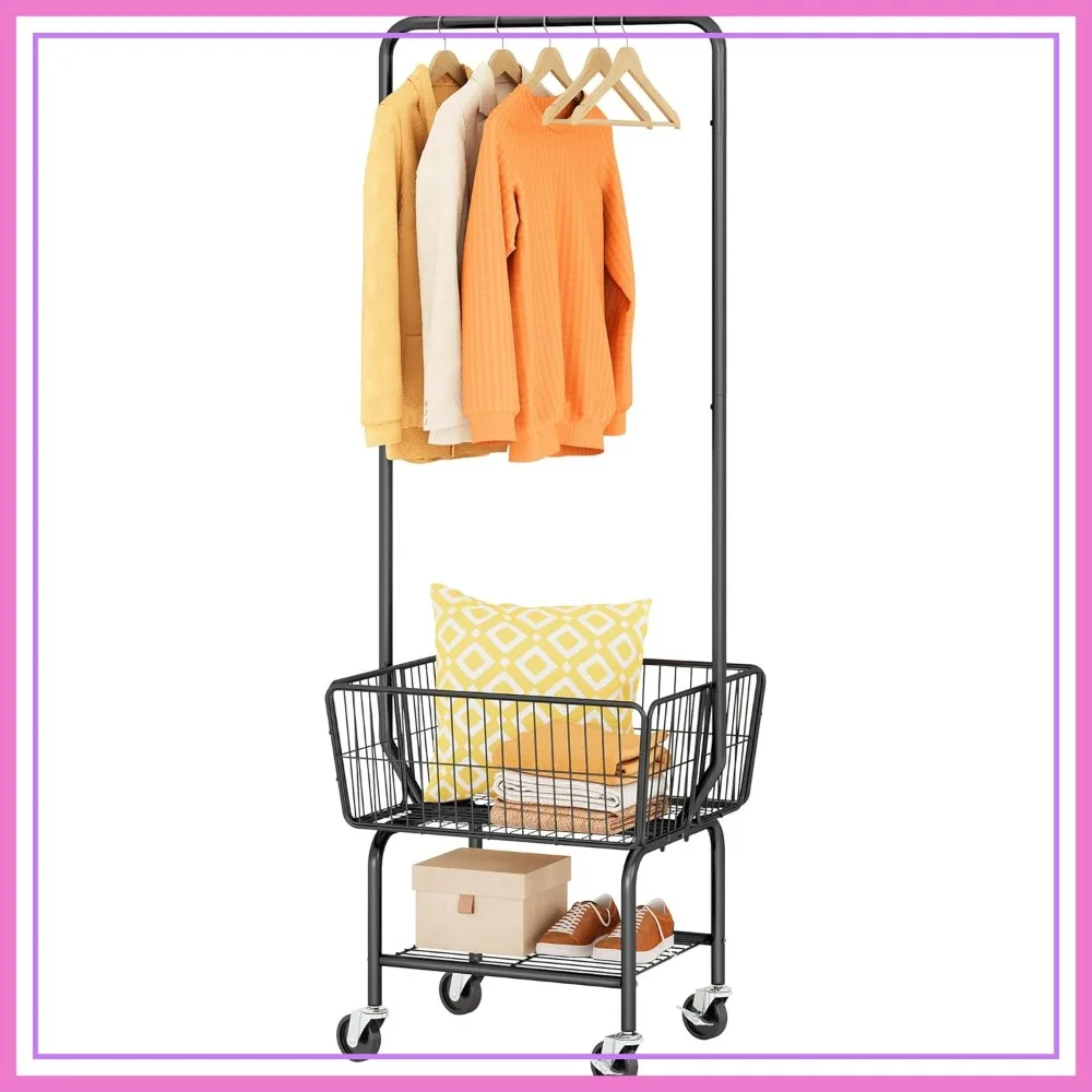 

Laundry Cart with Hanging Rack, Metal Basket with Wheels, Hamper with Storage Shelf, Rolling Cart, Black