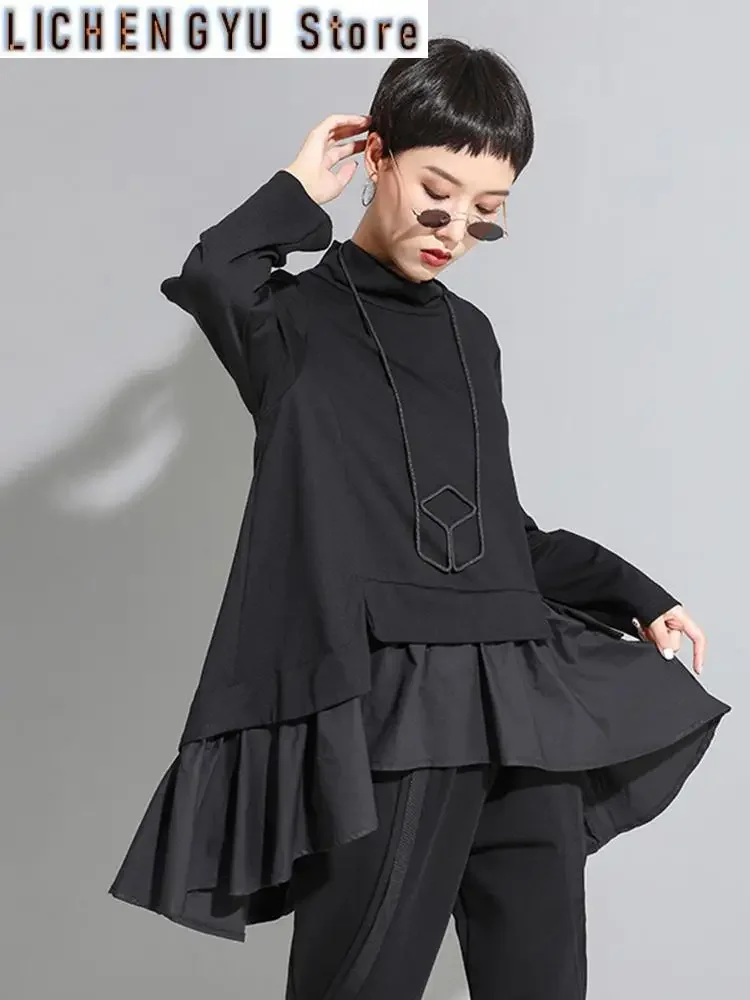 Loose Fit Asymmetrical Ruffles Sweatshirt New High Collar Long Sleeve Women Big Size Fashion Tide Spring Autumn