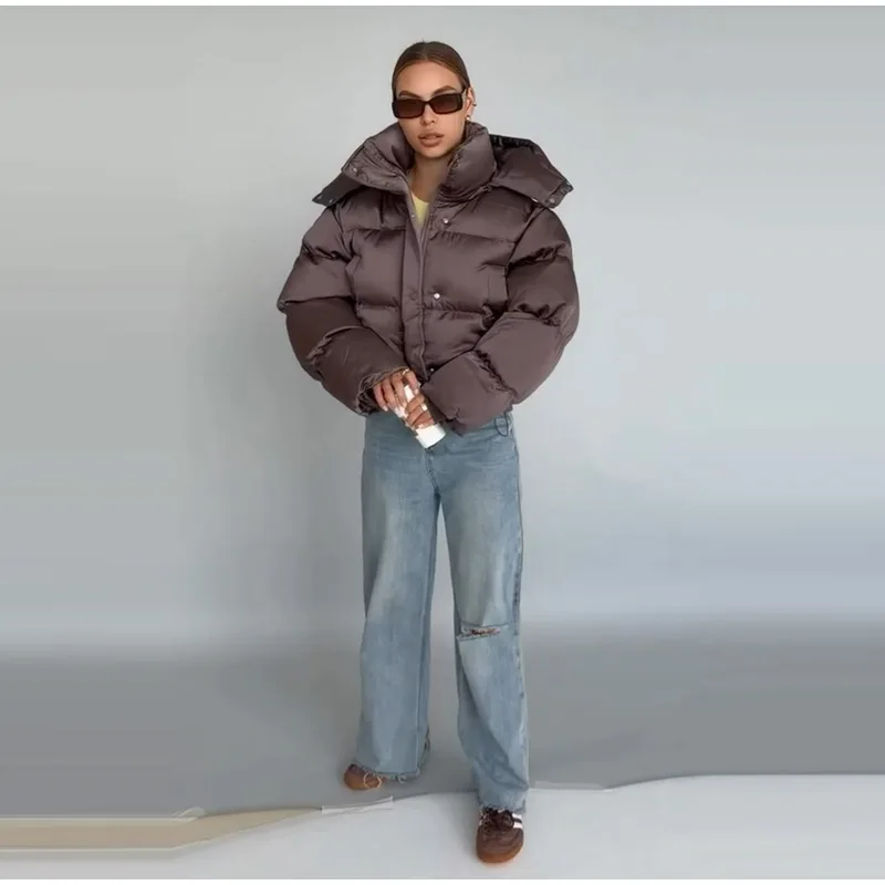 Solid Hooded Cropped Puffer Jacket Women Stand Collar Snap Button Loose Long Sleeve Jackets 2026 Winter Casual Warm Padded Coat