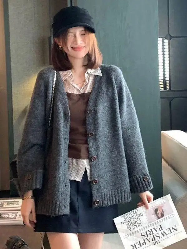 Gray V-neck Single-button Pure Color Knitted Open Cardigan Women's Spring Autumn Simple Outerwear Sweater Jacket Korean Colle...