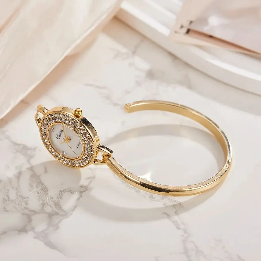 Luxury Golden Round Dial Ladies Fashion Rhinestone Quartz Bracelet Watch Elegant Female Clock Women's Watch Saati Relojes