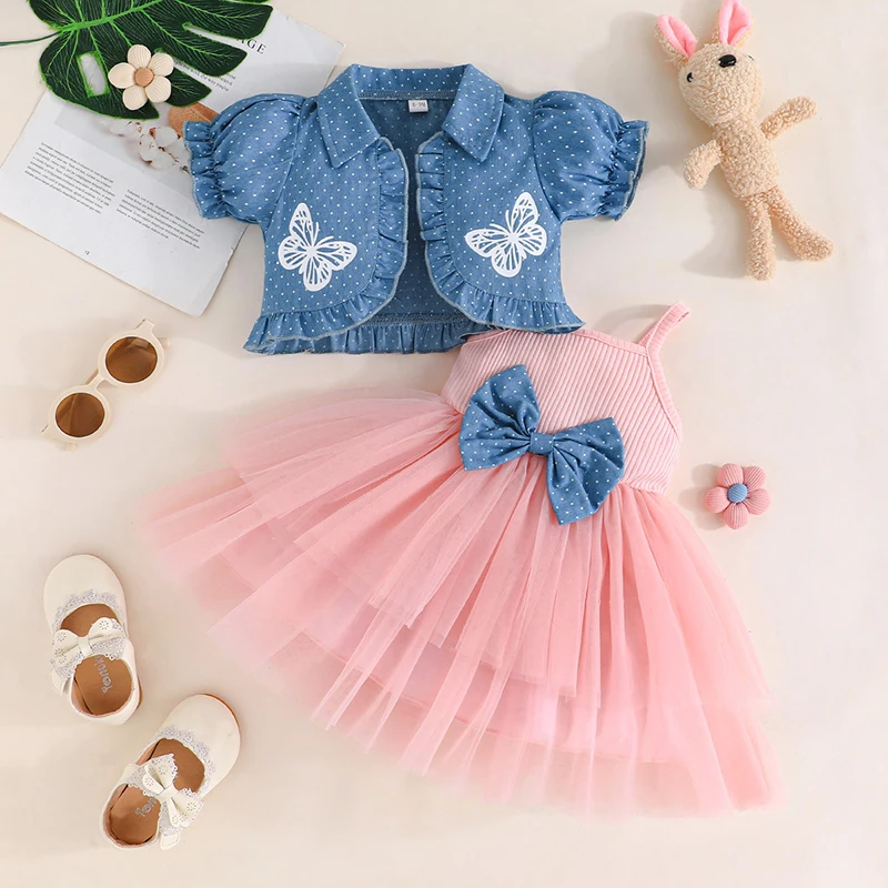 FOCUSNORM 0-4Y Toddler Little Girls Summer Clothes Sets Butterfly Print Short Puff Sleeve Cardigan Tulle Strap Bow A Line Dress