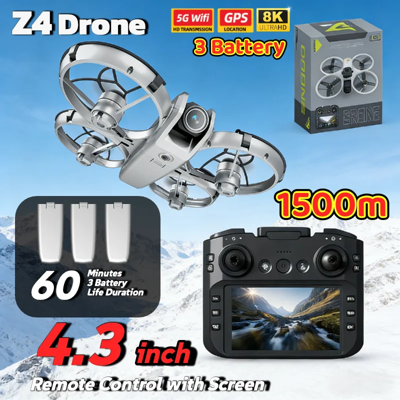 

Дрон Z4 с экраном 4,3 дюйма, двойная камера 4K, бесщеточный БПЛА, предотвращение препятствий, оптическое позиционирование потока, диапазон управления 1500 м, подарки