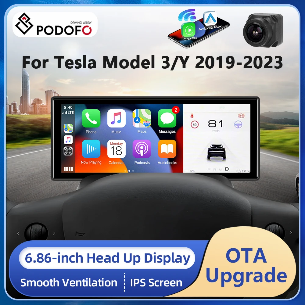 Podofo 6.86inch for Tesla Model 3 2017-2023 Model Y 2019-2023 Head Up Display Carplay Android Auto WiFi Navigation IPS HD Screen