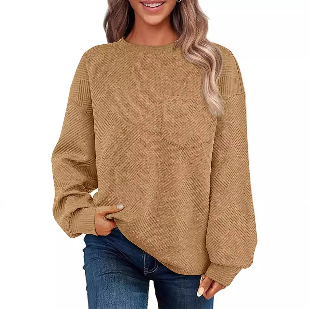 

New Women's Sweatshirt O-neck Fashion Long Sleeve Pocket Plaid Sports Top Casual Street Versatile Basic Pullovers