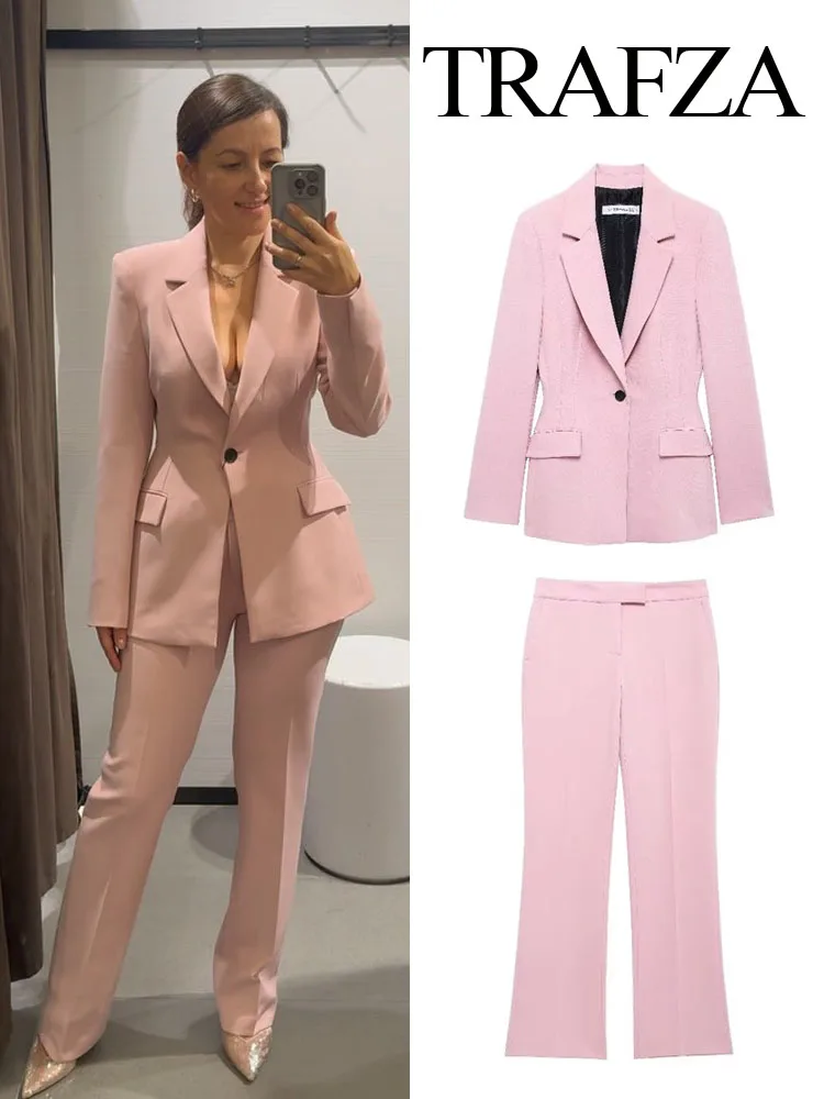 TRAFZA Women 2 Piece Set Pink Lapel Long Sleeve Pocket Single Button Design Slim Blazer Coat+Casual Loose Zipper Wide Leg Pants