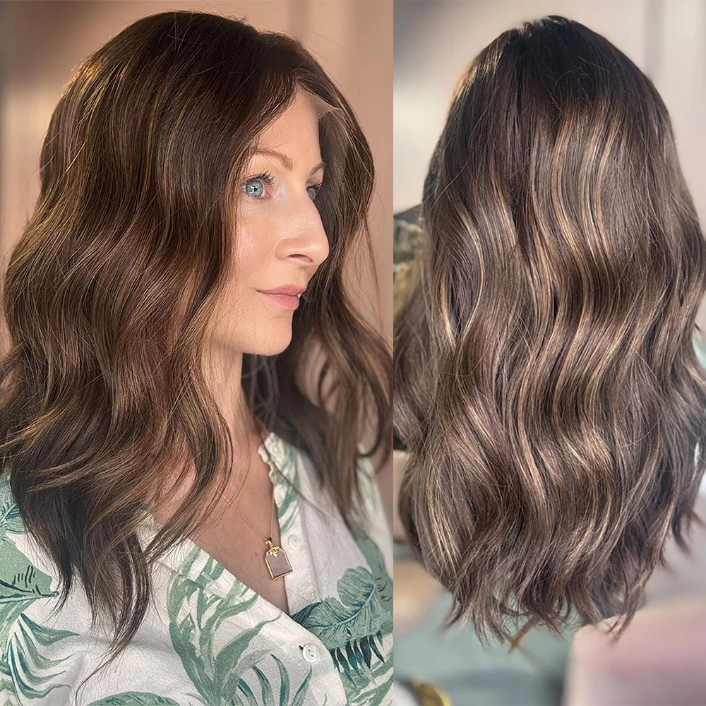 16 Inches 13x4 Ombre Chestnut Brown Highlights HD Synthetic Lace Frontal Wig Medium Length Middle Parting Premium Wig Daily Use