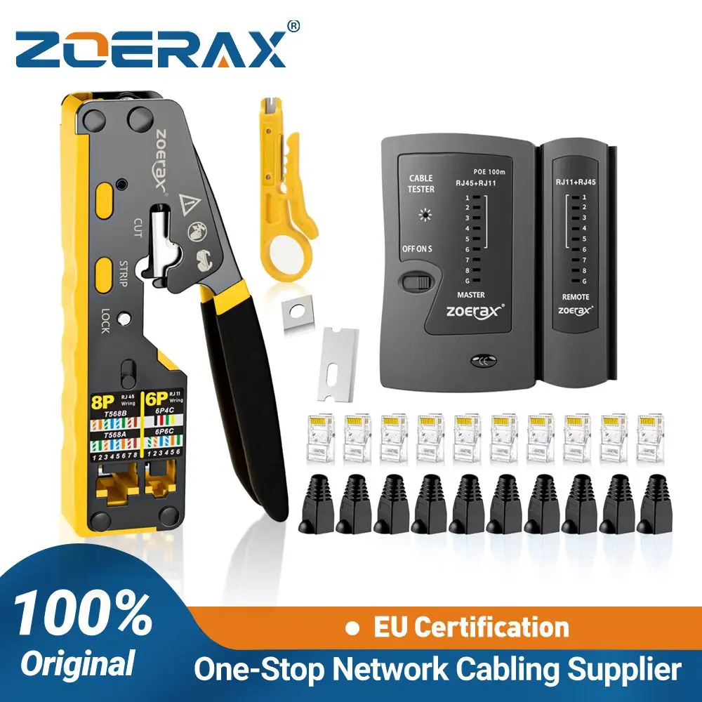 ZoeRax Pass Through RJ45 Crimp Kit Cat5e/Cat6 Crimper with 10PCS 8P8C Cat5e/Cat6 Connectors POE LAN Tester for RJ45 RJ11 Wiring