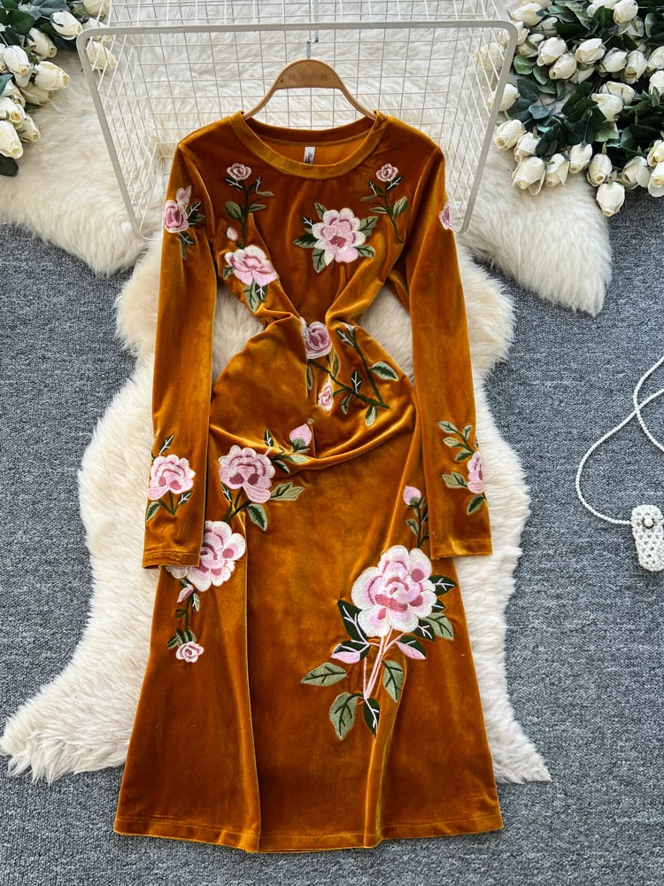 

New Chinese Sle Embroidered Velvet Slim Fit Long Sve A-Line Dr Ele High Waist Commute Dr Summer Women's Faion