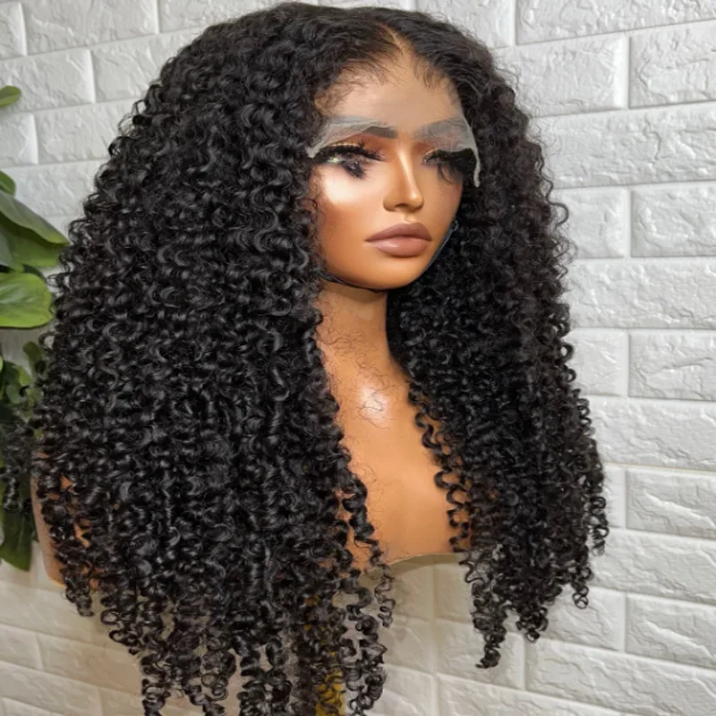 

Preplucked Glueless Soft 26Inch Long Natural Black Kinky Curly 180Density Deep Lace Front Wig For African Women Babyhair Daily