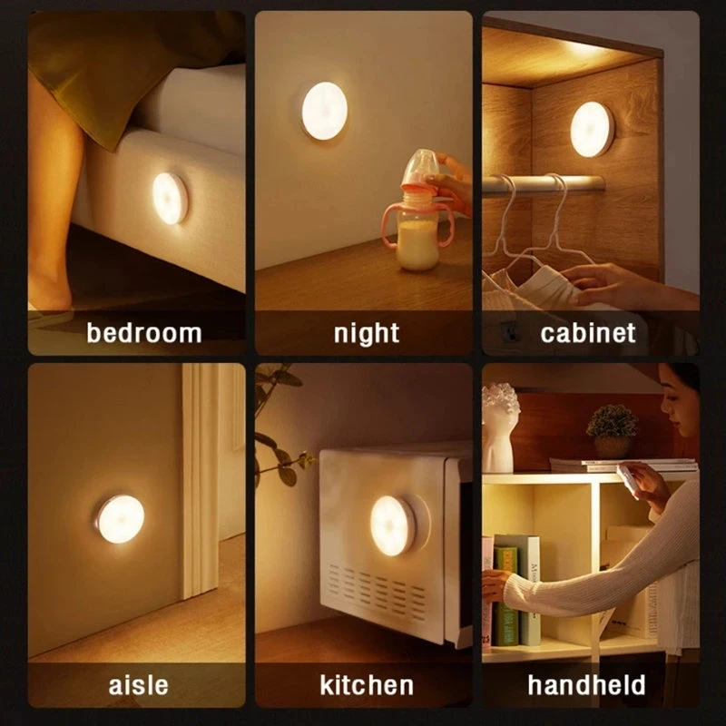 Motion Sensor Night Light Sem Fio Body Sensing Lamp 8LED Carregamento USB Para Cozinha Quarto Staircase Wardrobe Light