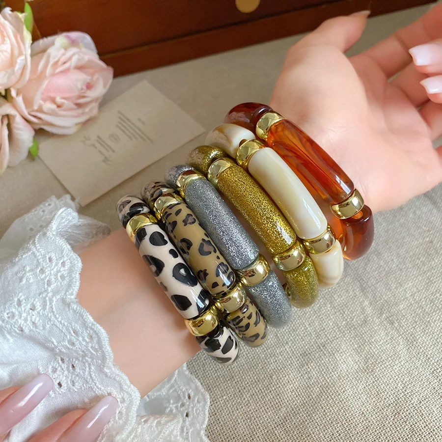 Splicing Bamboo Tube Acrylic Smudging Bangles for Women Men Fashion Geometric Elastic Bracelets Bangles Jewelry Couple Gifts F