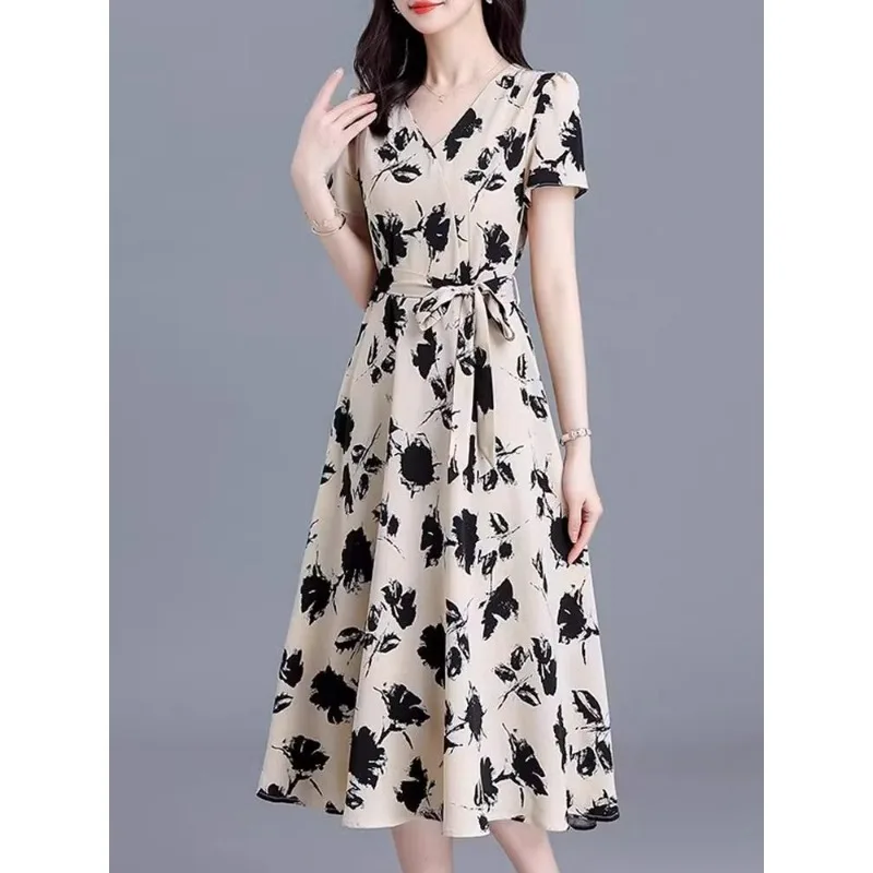 

Elegant V-neck Short Sleeve Floral Print Midi Dress Women's Belted Waist A-line Casual Party Office Formal Wear