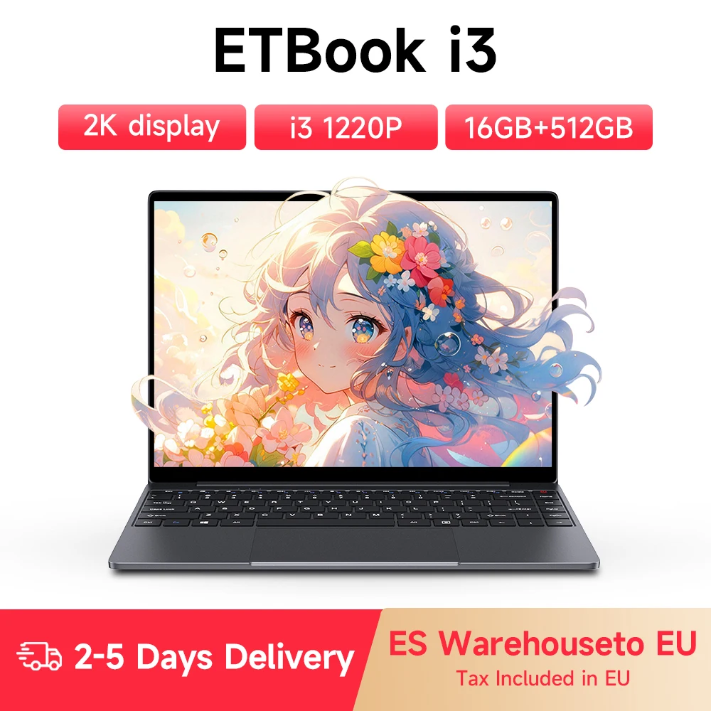 Laptop ETBook Intel Core i3-1220P, 16GB DDR4, 512GB SSD, 8 rdzeni, 12 wątków, ekran 14 cali 2K, WiFi6, długi czas czuwania, Windows 11.
