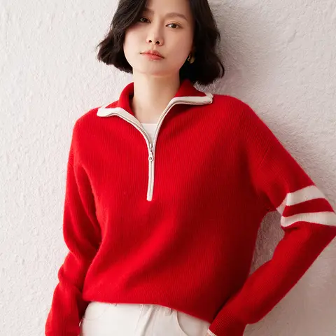 THYFGTWomen's 100% cashmere half zipper collar high-end sweater, fashionable color blocking sports pullover, casual knit sweater