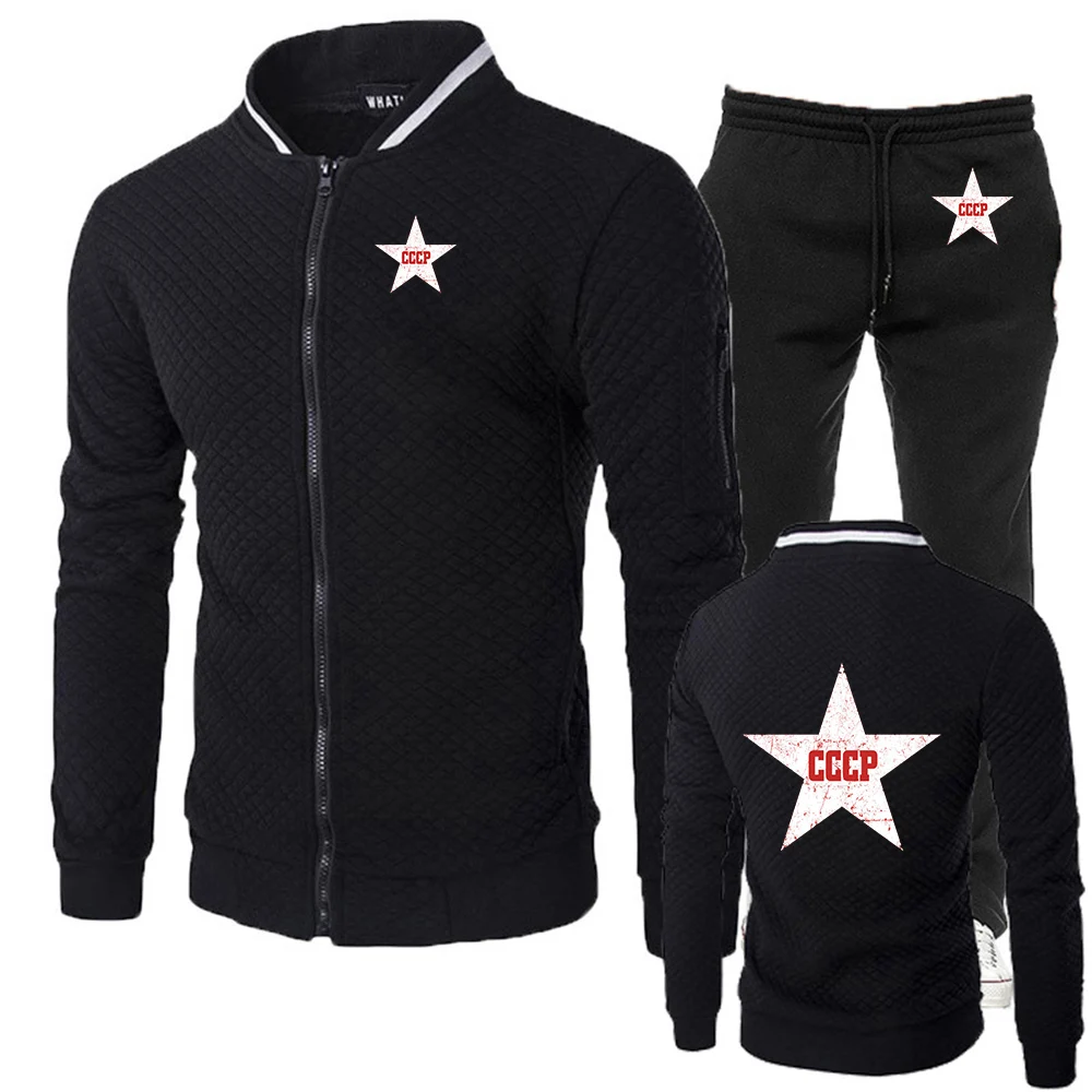 

2026 Red Star Soviet Che Guevara Revolution CCCP USSR Spring Autumn Men's New Silm Zipper Jacket + Long Pant Harajuku Suit